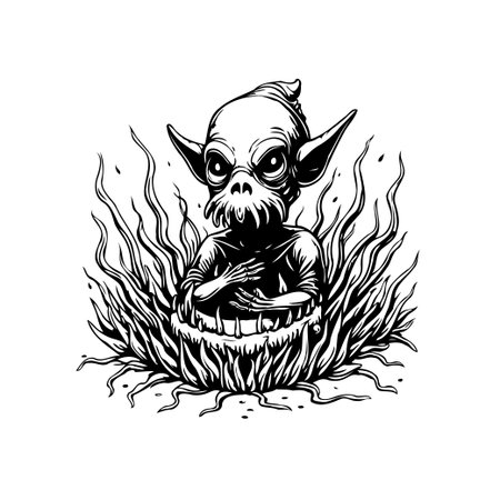 Detailed ink illustration of a goblin-like creature surrounded by flames. The artwork conveys a dark, mysterious and fantastical atmosphere, perfect for halloween.のイラスト素材