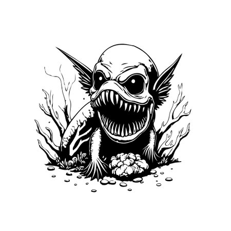 A black and white illustration of a creepy creature with sharp teeth and a sinister expression. This design can be used in fantasy or horror related projects.のイラスト素材