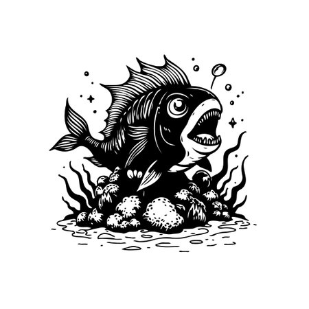 An intricate monochrome illustration showcases a deep-sea anglerfish in its natural habitat, surrounded by a vibrant coral reef, capturing the essence of underwater life.のイラスト素材
