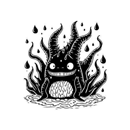 A cute horned monster illustration with a wide smile and standing in dark water with droplets. This is a black and white design which is perfect for halloween.のイラスト素材