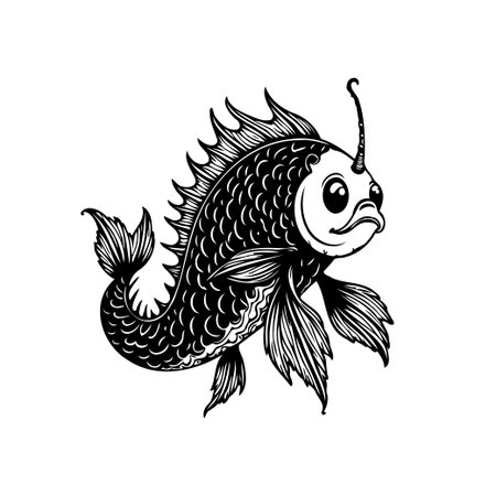 This is a black and white illustration of an anglerfish, featuring detailed scales and a playful design. Perfect for oceanographic, biological and artistic projects.のイラスト素材