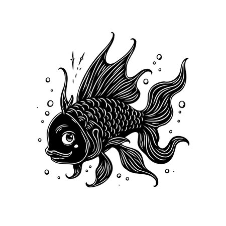 A beautifully detailed black and white illustration showcases a fancy goldfish. Perfect for graphic design and illustrations that need a touch of aquatic elegance.のイラスト素材