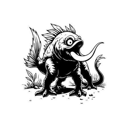 This monochrome illustration depicts a unique mythical creature, a hybrid of fish and reptile, blending the characteristics of both into a stylized and cartoonish design, isolated, perfect illustration for children story or book.のイラスト素材