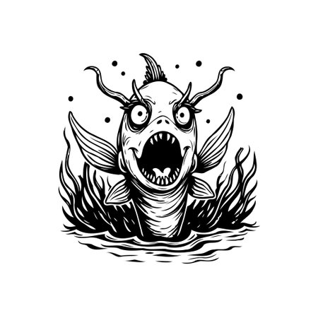 A black and white illustration depicts a monstrous fish with bulging eyes and an open mouth. It is designed with spooky and scary elements and is surrounded by an underwater landscape.のイラスト素材