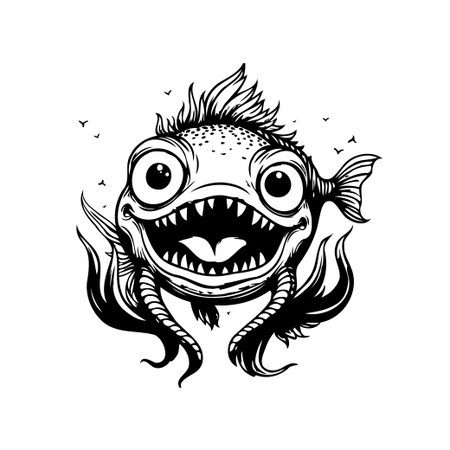 A crazy cartoon fish illustration with sharp teeth in monochrome art. This whimsical sea creature is perfect for adding a touch of fun to your projects.のイラスト素材