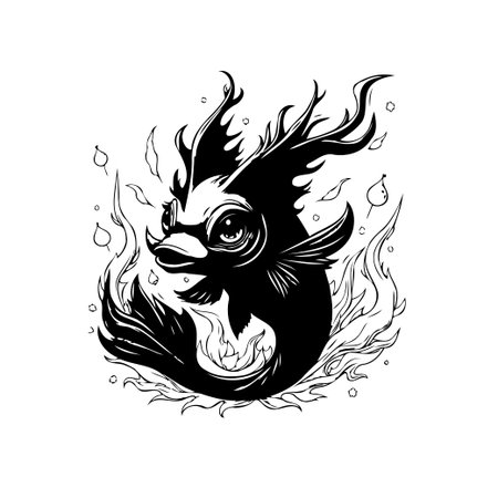 A stylized depiction of a fish encircled by flames, symbolizing transformation and resilience, rendered in bold black and white illustration.のイラスト素材