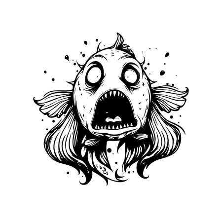 A scary cartoon fish with a wide open mouth and sharp teeth, perfect for Halloween or spooky themed projects. Vector illustration in black and white.のイラスト素材