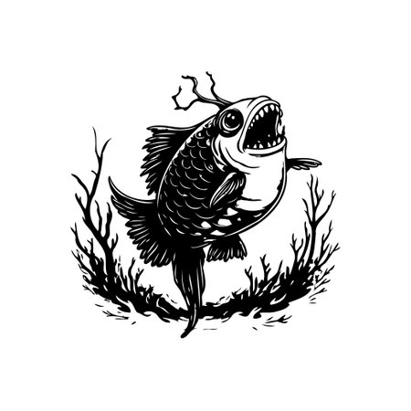 This artwork features a cartoon fish with whimsical branch antlers, surrounded by foliage. The image is a stylized black and white illustration that blends elements of fantasy and nature.のイラスト素材