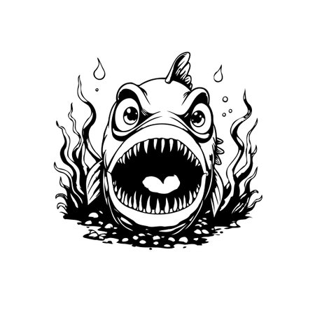 A striking black and white vector illustration of an angry piranha, emphasizing its sharp teeth and ferocious expression. Perfect for designs needing a touch of danger and wildness.のイラスト素材