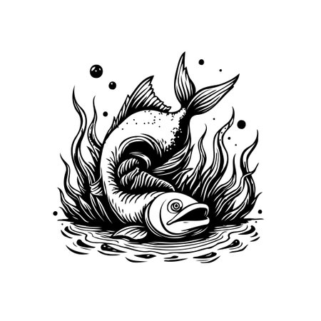 A detailed monochromatic illustration showing a fish with aquatic plants and bubbles. The design is stylized and would be perfect for graphic resources.のイラスト素材