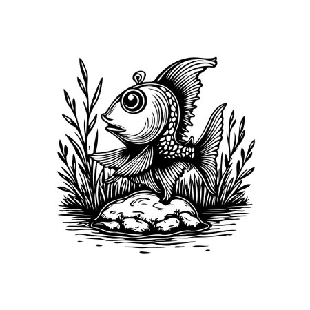 A whimsical black and white drawing of a fish on a rock surrounded by plants, evoking a sense of underwater fantasy and imagination.のイラスト素材