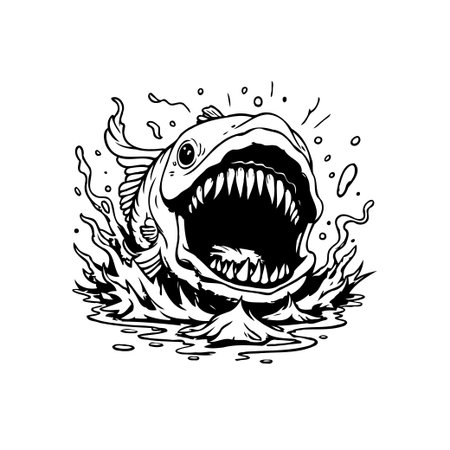 A striking black and white illustration of a fish with its mouth wide open, showcasing sharp teeth, perfect for a bold graphic design.のイラスト素材