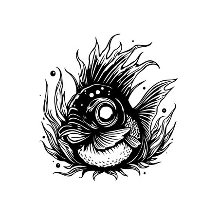 A striking black and white illustration of a fish with intricate linework. The design features a dynamic composition, ideal for tattoos, graphic projects, or decorative elements.のイラスト素材