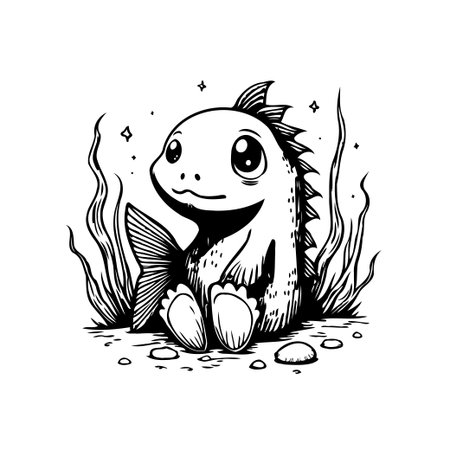 A delightful black and white cartoon depicts an adorable sea creature. This artwork showcases the creature with charming details, rendered digitally for a modern touch.のイラスト素材