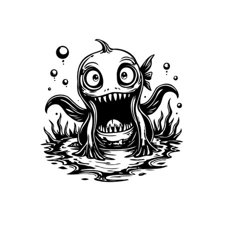 A cartoon monster emerges from water with an expression of surprise. This illustration is in black and white and is uniqueのイラスト素材