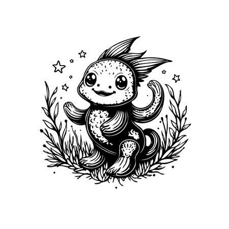 A charming monochrome illustration features a cute monster surrounded by stars and foliage. This delightful design conveys a sense of whimsicality, perfect for prints and graphics.のイラスト素材