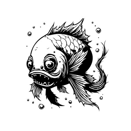 This whimsical illustration features a fish with bulging eyes and sharp teeth in black and white, giving it a unique and eye-catching appearanceのイラスト素材