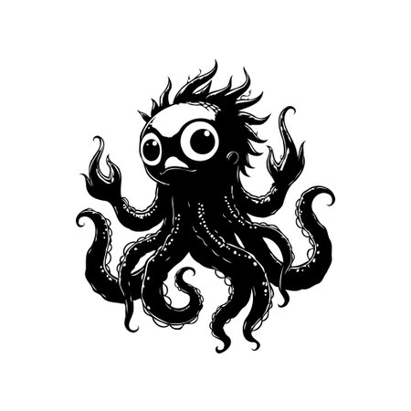 A playful black and white illustration of a cartoon octopus with exaggerated features, perfect for children's content, games, or creative designs, adding a touch of whimsy.のイラスト素材