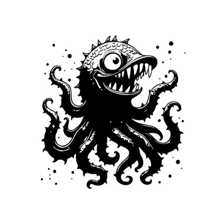 A whimsical illustration of a black and white octopus monster with spiky head, grinning teeth, and long tentacles. The design is perfect for playful or spooky themes.のイラスト素材