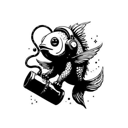 Whimsical black and white illustration of a fish wearing headphones and holding a drink. Perfect for unique art prints and quirky designs.のイラスト素材