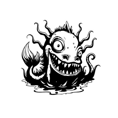 This black and white vector illustration depicts a funny sea monster. Ideal for children's books, designs, and anyone loving whimsical, playful art.のイラスト素材
