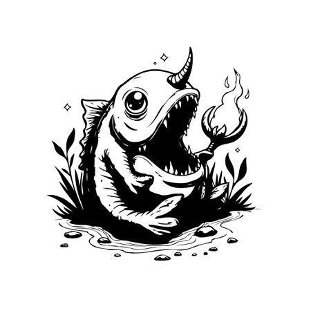 This monochrome illustration portrays a monstrous fish with a horn, gripping fire in its claw. The surreal and stylized artwork is set amidst dark foliage, creating a spooky and bizarre atmosphere.のイラスト素材