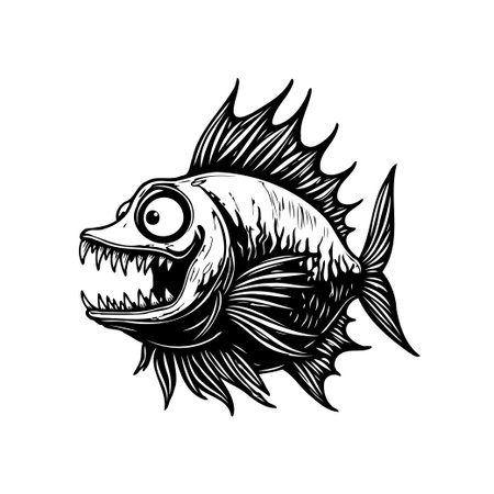 A whimsical black and white cartoon illustration depicts a fierce fish with exaggerated, sharp teeth. The image is perfect for adding a touch of humor or menace to any design.のイラスト素材