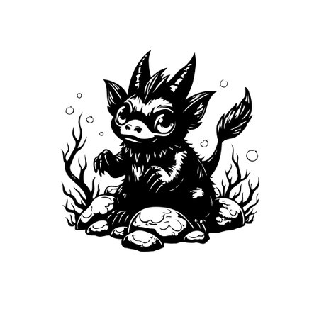 A whimsical illustration captures a cute, mythical creature with horns sitting among rocks. The black and white art style emphasizes its cartoonish, fantasy nature.のイラスト素材