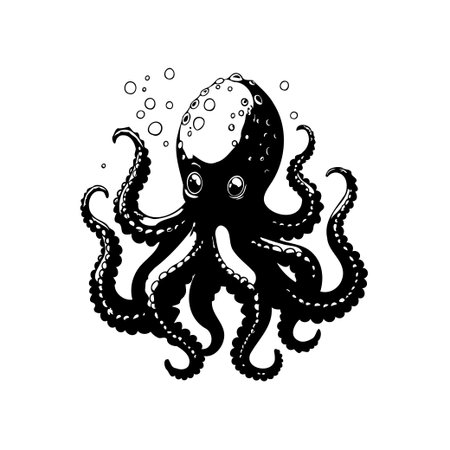 This black and white illustration shows an octopus with curled tentacles, evoking a marine theme. Perfect for commercial projects. It will look great for many different uses.のイラスト素材
