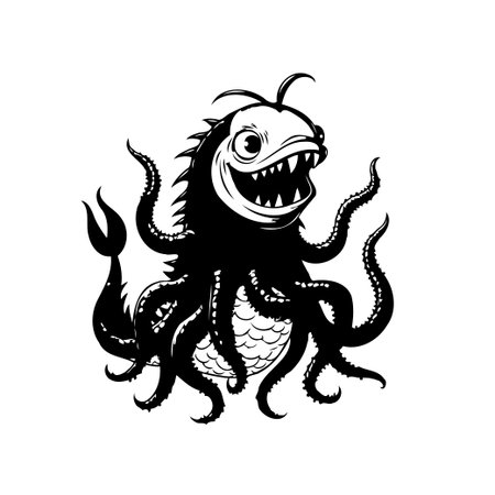 A black and white illustration of a cartoonish monster with features of a fish and an octopus with big teeth. The octopus-fish hybrid is a unique cartoon character with sea ocean tentacles.のイラスト素材