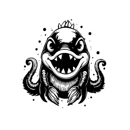 A black and white illustration of a cartoon monster with tentacles and sharp teeth. This vector design is perfect for stickers or print on demand products, adding a unique touch.のイラスト素材