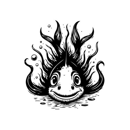 A charming, cartoon-style fish illustration with expressive eyes and a cheerful smile, set in a whimsical underwater scene. The monochromatic design adds a playful and creative touch.のイラスト素材