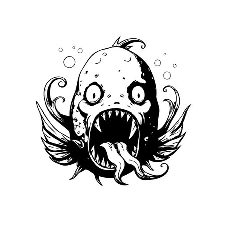 Disturbing underwater creature illustration with menacing expression revealing sharp teeth. Dark style artwork. This image is suitable for scary concept design, or horror genre artwork.のイラスト素材