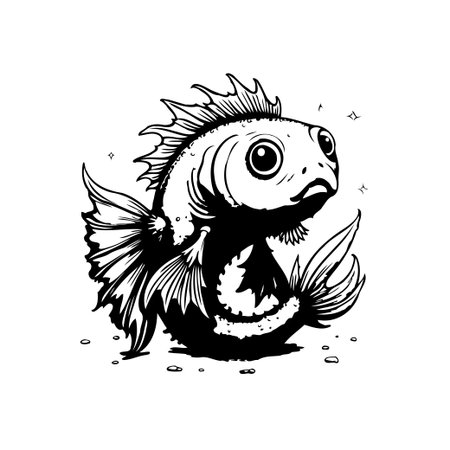 A charming and whimsical black and white illustration of a cute cartoon fish. Perfect for children's books, educational materials, or any design needing a touch of playful aquatic life.のイラスト素材