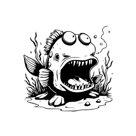 An amusing cartoon fish with exaggerated features, wide eyes, and sharp teeth. The black and white illustration creates a comical and playful underwater scene.のイラスト素材