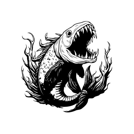 A stylized monochrome illustration of a menacing fish with sharp teeth and an open mouth. The design suggests danger and aggression, perfect for artistic or graphic projects.のイラスト素材