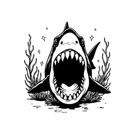 A striking black and white illustration of a great white shark with its mouth wide open. Captures the raw power and intensity of this ocean predator, with meticulous detail.のイラスト素材