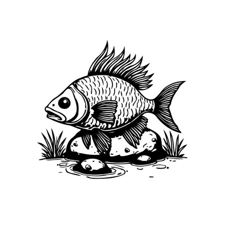 A stylized illustration depicts a fish resting atop rocks, surrounded by water ripples and grass, rendered in a monochrome palette.のイラスト素材