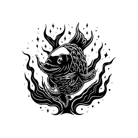 An intricate monochrome illustration of a fish with detailed scales and dynamic surrounding elements. The artwork features a vintage style and captures the essence of aquatic life.のイラスト素材