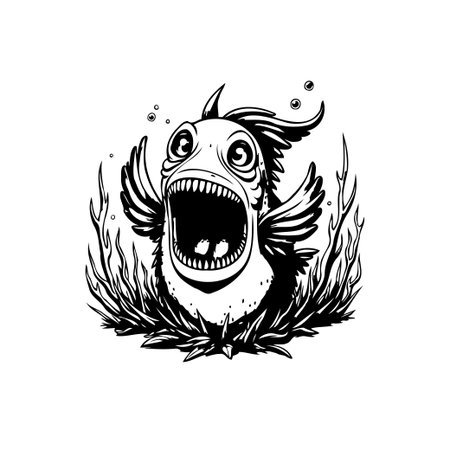 A cartoon fish with a gaping mouth surrounded by seaweed and bubbles. Illustration created for graphic design, perfect for marine life content.のイラスト素材