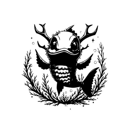 This whimsical illustration features a unique fantasy creature with a fish body, antler horns, and little wings. It's a playful and comical design in black and white perfect for adding a touch of magic to any project.のイラスト素材