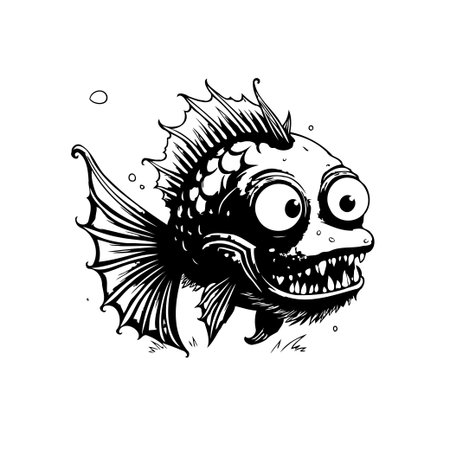 A funny, cartoonish sea creature with wide eyes and sharp teeth. This humorous character design is presented in black and white line art.のイラスト素材