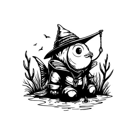 A charming black and white illustration features a fish dressed as a wizard, complete with a pointed hat and robe, sitting near a pond. It's a whimsical blend of fantasy and aquatic life.のイラスト素材