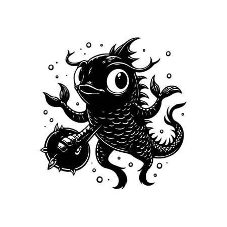A striking black and white illustration of a fish warrior wielding a spiked weapon ready for undersea battle. Great for fantasy illustrations.のイラスト素材