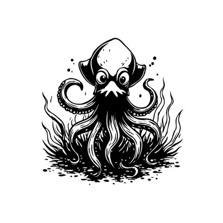 A captivating black and white illustration of a squid, showcasing its unique features and playful character, perfect for marine themes.のイラスト素材
