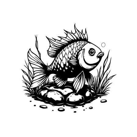 A simple black and white illustration showing a charming fish swimming among rocks and plants. The cartoon-style drawing captures the essence of aquatic life with a touch of whimsy.のイラスト素材