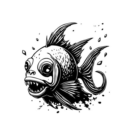 Stylized black and white illustration of a whimsical fish. This image is suitable for graphic design, illustration, or as a fun element for creative projects.のイラスト素材