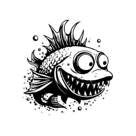 A black and white cartoonish fish illustration with exaggerated features and a large, toothy smile, creating a whimsical and humorous design.のイラスト素材