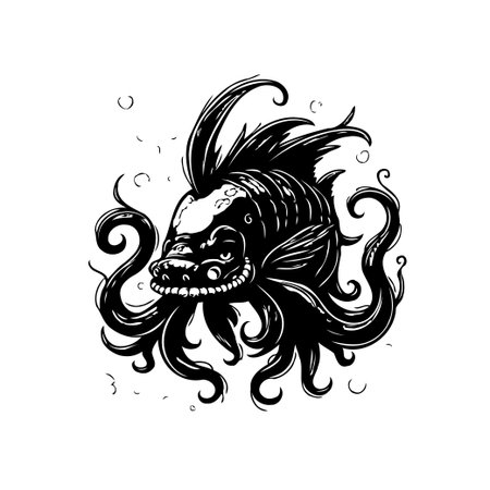 This black and white illustration showcases a mystical sea creature with menacing tentacles. The artwork evokes a surreal, aquatic horror, drawing viewers into a world of fantasy and imagination.のイラスト素材