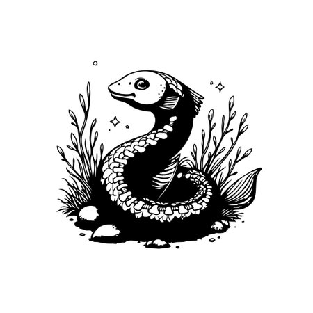 An enchanting serpent fish creature with scales emerges from aquatic plants. This simple black and white illustration style evokes fantasy and mystery.のイラスト素材